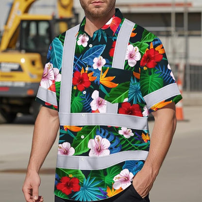 High Visibility Hawaiian Shirt for Men Tropical Shirts Custom Name Floral Outfit Reflective Safety Workwear