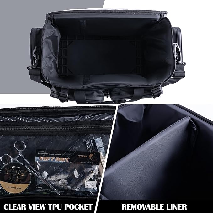 Goture Large Tackle Bag,1800D PVC Waterproof Saltwater Gear Storage Big Fishing Bag with EVA Bottom,Store Up to 8PCS 3700 Plus 4PCS 3600 Tackle Trays(Not Included),20.87”x11.42”x15.16”