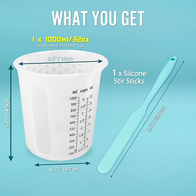 Silicone Resin Mixing 1L Measuring Cup Set for Resin Supplies, Easy-to-Read Marks, 1000ml/32oz Large Cup, Thickened Reusable Silicone Cups for Epoxy Mixing, Jewelry Making