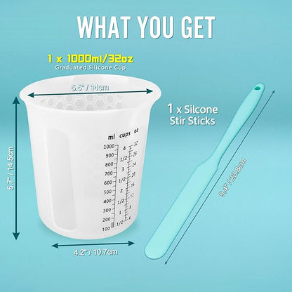 Silicone Resin Mixing 1L Measuring Cup Set for Resin Supplies, Easy-to-Read Marks, 1000ml/32oz Large Cup, Thickened Reusable Silicone Cups for Epoxy Mixing, Jewelry Making