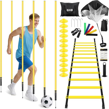 GHB Soccer Agility Training Equipment, 6 Agility Poles, 20ft Speed Ladder, 12 Disc Cones, Resistance Parachute, Jump Rope, 5 Resistance Bands, Soccer Training Poles for Speed Agility Training