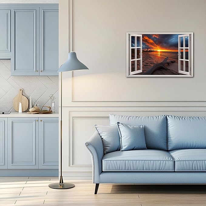 ANRUOXI Beach Window Canvas Wall Art, Bedroom Living Room Ocean Sunset Coastal Scene Picture, Tropical Sea Tree Landscape Painting Print Artwork Horizontal Seascape Artwork for Bedroom 24x36 Inch