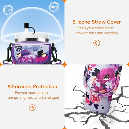 Water Bottle Carrier Bag with Phone Pocket for Stanley 40/30 oz Tumbler Neoprene Insulated Mug Sleeve Pouch with 2 Pockets & Adjustable Strap & Straw Cover for Stanley Cup Accessories