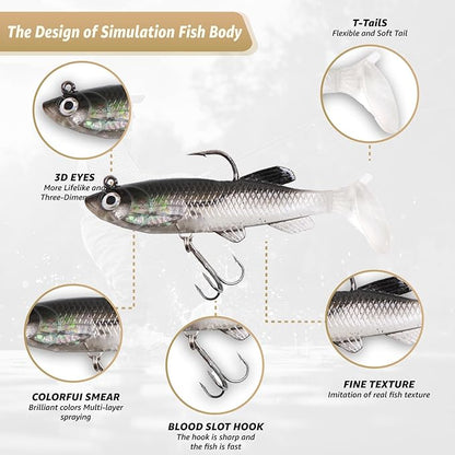 Inmorven Soft Fishing Lures Shad Minnow Swimbaits, Pre-Rigged Jig Head Paddle Tail Swimbaits for Freshwater and Saltwater, Jigs Fishing Bait for Bass Crappie Trout Walleye, Fishing Gifts for Men