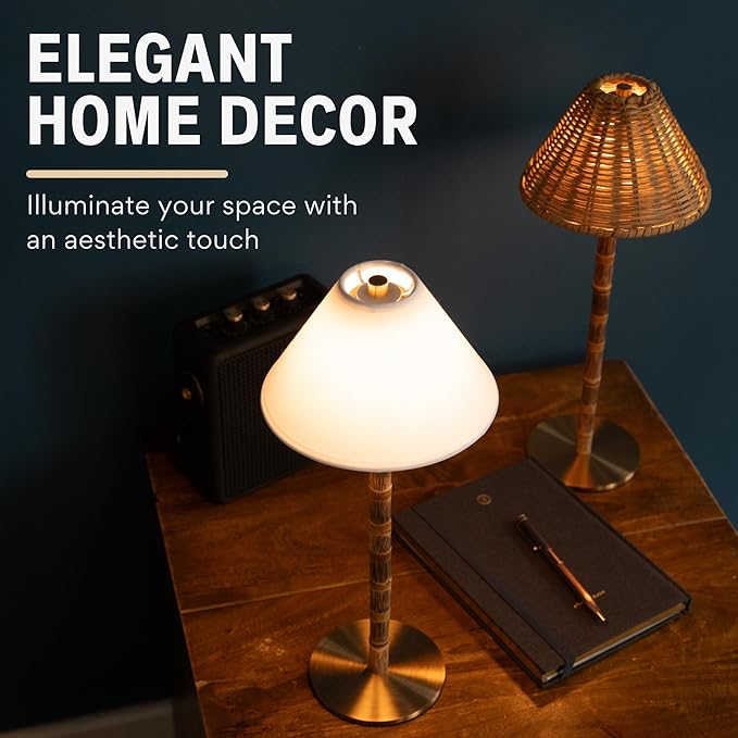 Bamboo Cordless LED Table Lamp – Rechargeable 24-Hour Battery, Dimmable Warm Light, 15" Portable Wireless Lamp with Remote for Indoor/Outdoor Use, Home, Patio, Restaurant – Natural Rattan