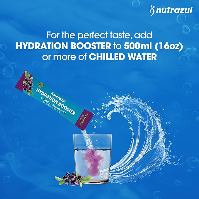nutrazul Hydration Booster, Electrolytes Powder Sticks with Sodium, Potassium, Vitamin B6 & B12, No Artificial Sweeteners, Acai Berry Flavor, 90 Sticks