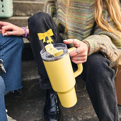 4Pcs Silicone Straw Toppers Covers for Stanley Cups 40/30oz 10mm(0.4in) Lemon Yellow Dust-Proof Bow Straw Covers Toppers Suitbale for Stanley Cup Accessories Reusable Straws Caps