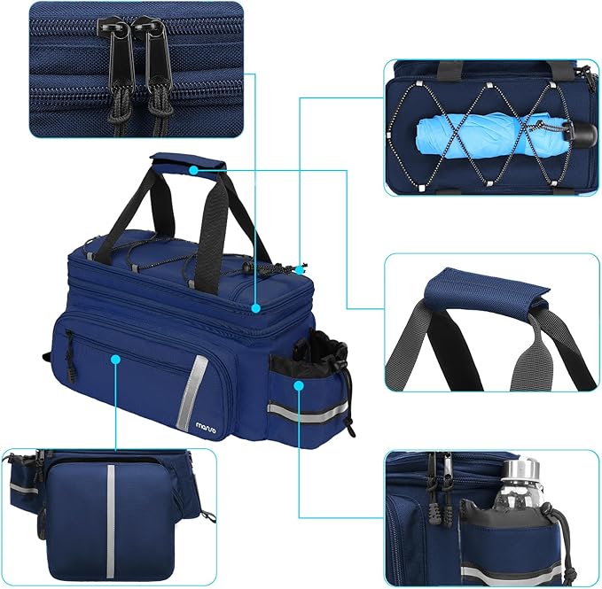 MOSISO Bike Rack Bag with Rain Cover, Bike Trunk Cooler Handag Insulated Bicycle Rear Seat Pouch with 2 Side Foldable Panniers, 8L Cycling Backseat Storage Cargo Saddle Shoulder Bag, Navy Blue