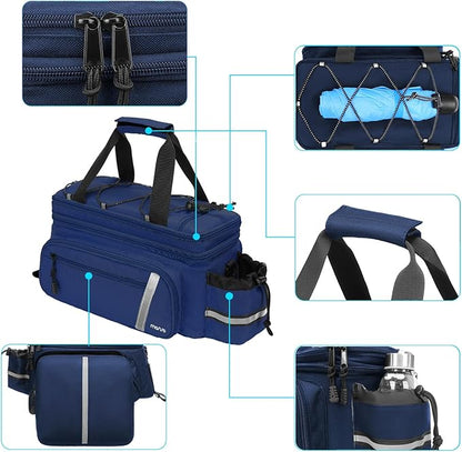 MOSISO Bike Rack Bag with Rain Cover, Bike Trunk Cooler Handag Insulated Bicycle Rear Seat Pouch with 2 Side Foldable Panniers, 8L Cycling Backseat Storage Cargo Saddle Shoulder Bag, Navy Blue