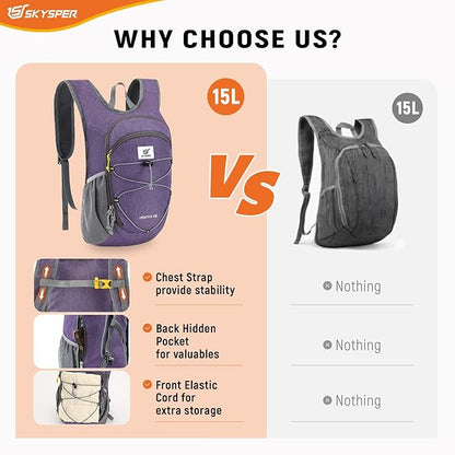 SKYSPER 15L/20L Foldable Hiking Backpack Lightweight Packable Travel Daypack with Chest Strap Small Folding Pack for Walking