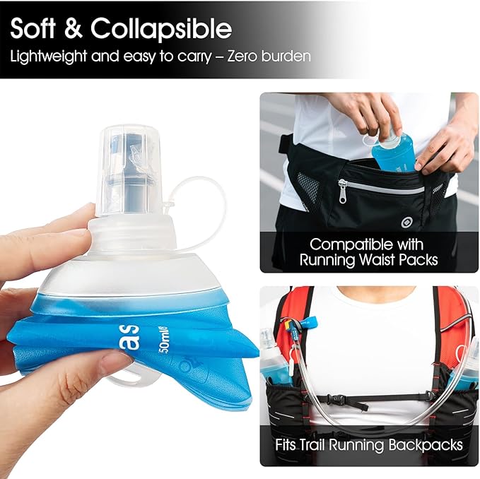 GYGYL Soft Flask, TPU Collapsible Soft Water Bottle for Hydration Pack, Running Vest, Leak-Proof Folding Water Bottle for Hiking Cycling Climbing Jogging-250ml Blue, 2pcs