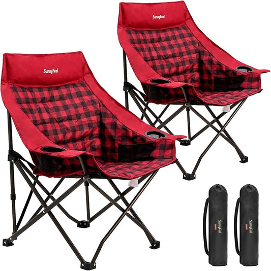 SUNNYFEEL 2 Pack Heavy Duty Camping Chairs for Adults Portable Oversized Folding Chair with Side Pockets & Cup Holde for Fishing,Trip,Picnic,Lawn,Concert Outdoor, Carry Bag Included