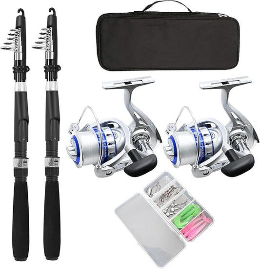 Fishing Pole Combo Set,2.1m/6.89ft 2PCS Collapsible Rods 2PCS Spinning Reels Lures Set Carrier Bag Carbon Fiber Telescopic Fishing Rods Sea Saltwater Freshwater Kit Fishing Rod Reel Combos