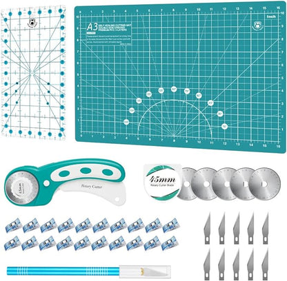 Headley Tools Rotary Cutter Set - 45mm Fabric Cutter, 5 Extra Rotary Blades, A3 Cutting Mat, Quilting Ruler and Sewing Clips, Craft Knife Set, Ideal for Crafting, Sewing, Patchworking,Turquoise