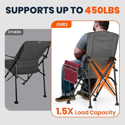 Overmont Back Support Camping Chair for Adults - Oversized with Adjustable High Backrest - Heavy Duty Folding Chair Supports 450 LBS - Cup Holder & Side Pocket – Perfect for Outdoor, Lawn, Beach Use