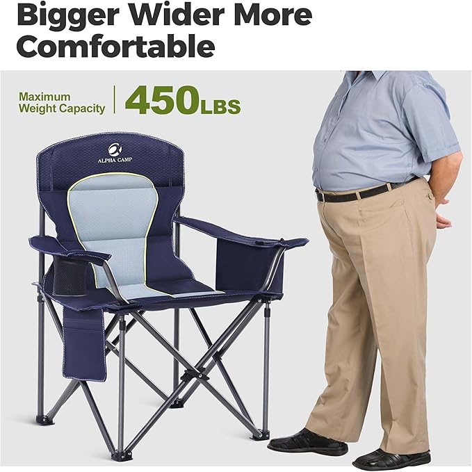 ALPHA CAMP Oversized Camping Chair Heavy Duty Lawn Chair with Cooler Bag Support 450 LBS Steel Frame Collapsible Padded Arm Quad Lumbar Back Folding Chair for Lawn Outdoor