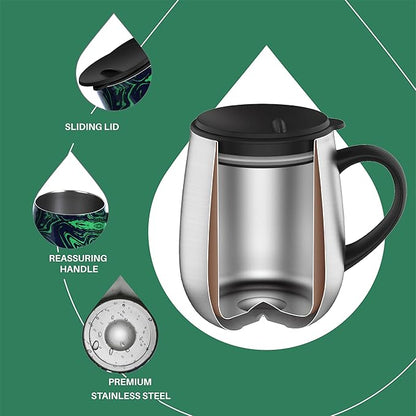 Ideus 16 oz (470 ml) Insulated Coffee Mug with Handle and Lid, Double Wall Stainless Steel Vacuum Thermal Coffee Mug, Travel Coffee Cup Thermal Cup for Home and Office (Green Zebra)