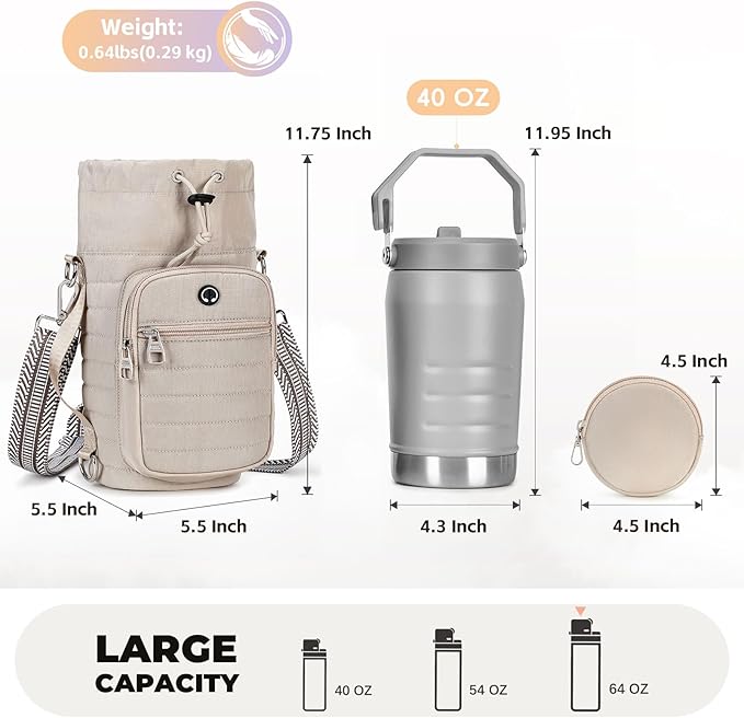 Water Bottle Carrier Bag with Strap, Sling Bag for Walking, Hiking, Cycling, Black, 40 Ounces