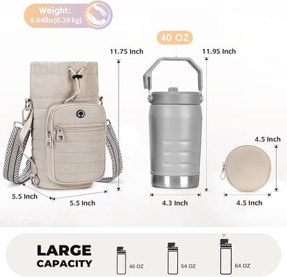 Water Bottle Carrier Bag with Strap, Sling Bag for Walking, Hiking, Cycling, Black, 40 Ounces