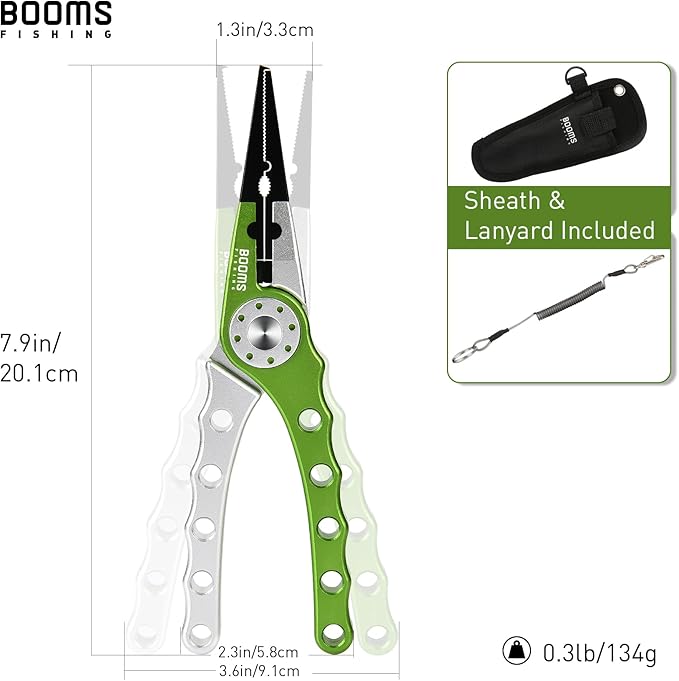 Booms Fishing X1 Aluminum Fishing Pliers Saltwater, Surf Fishing Tackle Kit, Fishing Multitool Hook Remover Braided Fishing Line Cutting and Split Ring with Coiled Lanyard and Sheath