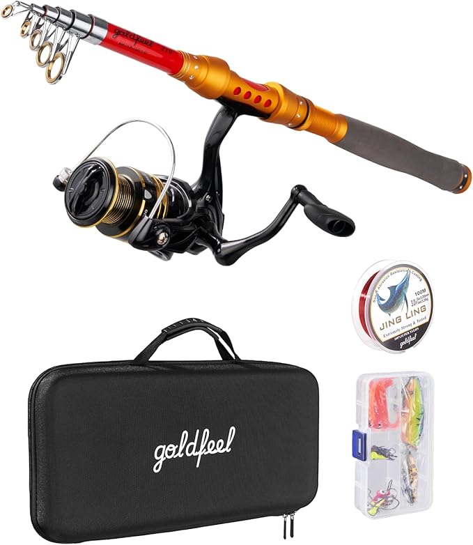 GOLDFEEL 6.9 Ft Carbon Fiber Fishing Rod and Reel Combo - Medium Power Fast Action Spinning Rod with Pre-Spooled Reel, Portable Travel Case for Saltwater Freshwater Fishing