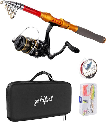 GOLDFEEL 6.9 Ft Carbon Fiber Fishing Rod and Reel Combo - Medium Power Fast Action Spinning Rod with Pre-Spooled Reel, Portable Travel Case for Saltwater Freshwater Fishing