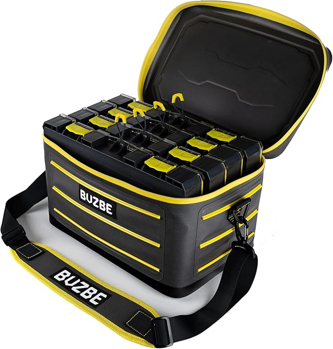 BUZBE Swarm 28 Modular Dry Bag - Customizable Fishing Tackle Carrier, Airtight, Saltwater Ready, Grey and Yellow