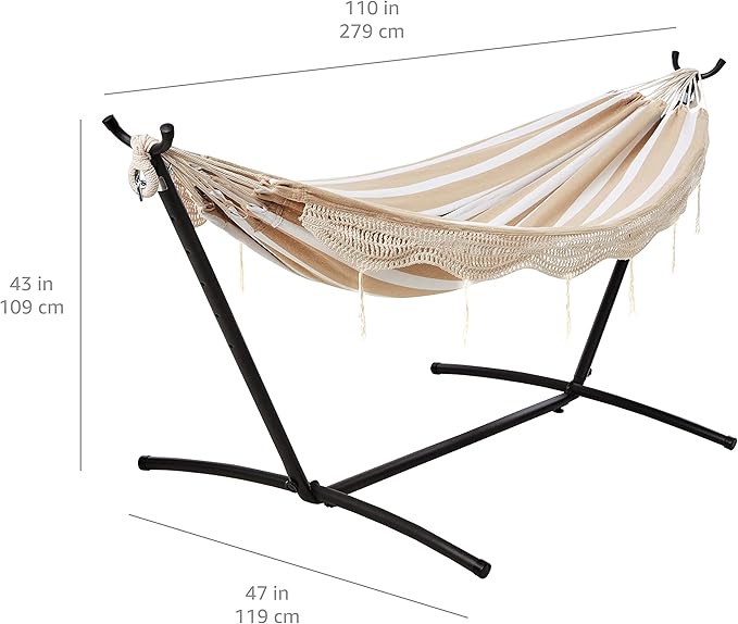 Amazon Basics Double Hammock with 9-Foot Space Saving Steel Stand and Carrying Case, 450 lb Capacity, Beige Stripe with Lace, 110 x 47 x 43 inches