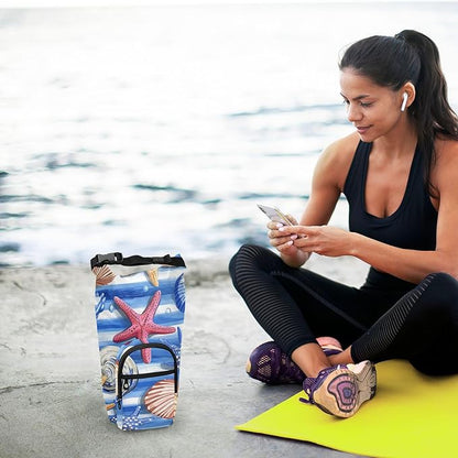 Blue Striped Starfishes Seashells Corals Water Bottle Holder with Strap Insulated Water Bottle Carrier Crossbody Bags Pouch with Phone Pocket for Travel Gym Hiking Walking Running
