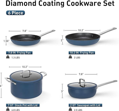 MAISON ARTS Plasma Titanium Coating Non stick Cookware Sets, 6 Piece Induction Pots and Pans Set, Non-Toxic Deep Frying Pan and Casserole with Silicone Glass Lid