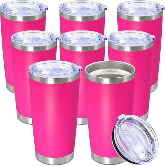 20oz Tumbler Bulk Stainless Steel Tumbler Cup with Lid Vacuum Insulated Double Wall Travel Mug, Durable Powder Coated Travel Coffee Tumbler Mug for Hot & Cold Drinks, Hot Pink,8 Pack