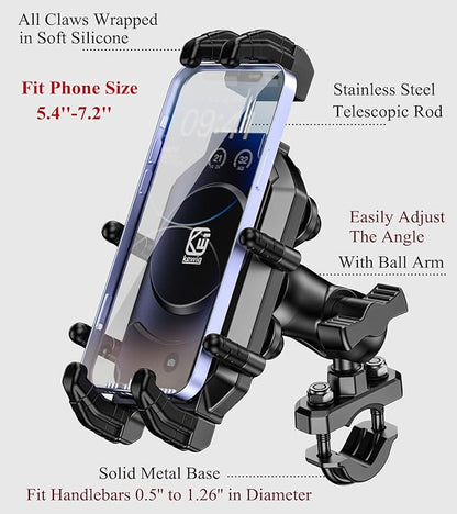 BRCOVAN Motorcycle Phone Mount Holder with Vibration Dampener & High-Speed Secure Lock, Adjustable Handlebar Cellphone Clamp for Bike Bicycle Scooter ATV, Fit 5.4-7.2'' Smartphone, Big Phone Friendly