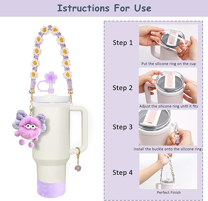 Stanley Cup Accessories Set for 40oz & 30oz Tumblers - Handle Strap, Spill-Proof Stopper, Silicone Straw Cover, Boot Base Protector, Keychain & Handle Charms(Purple)