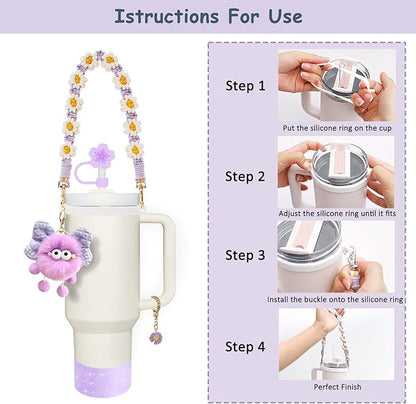 Stanley Cup Accessories Set for 40oz & 30oz Tumblers - Handle Strap, Spill-Proof Stopper, Silicone Straw Cover, Boot Base Protector, Keychain & Handle Charms(Purple)