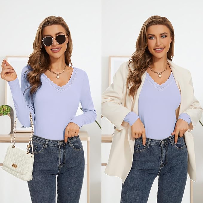 WOWENY Women Thermal Long Sleeve Shirt Fleece Lined Basic Fitted Tops Lace V Neck Undershirts Winter Tight Base Layer