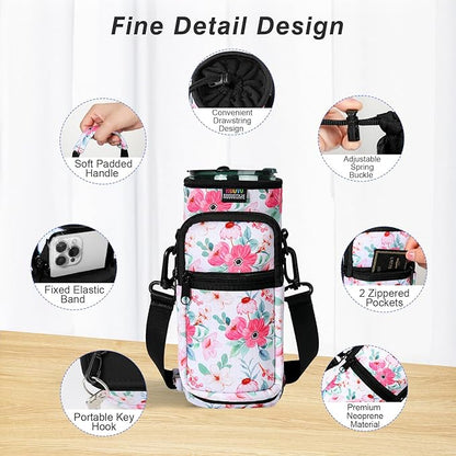 Nuovoware Water Bottle Carrier Bag,25oz/40oz/64oz Bottle Pouch Holder,Adjustable Shoulder Hand Strap 2 Pocket Sling Neoprene Sleeve Sports Accessories for Hiking Travelling Camping