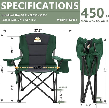 Oversized Camping Chairs 2 Pack - 450lbs Support Heavy Duty Folding Camp Chair Wide Portable Outside Collapsible Chairs with Carry Bag,Cooler,Cup Holder for Outdoor,Lawn,Sports,Baseball,Soccer-Green