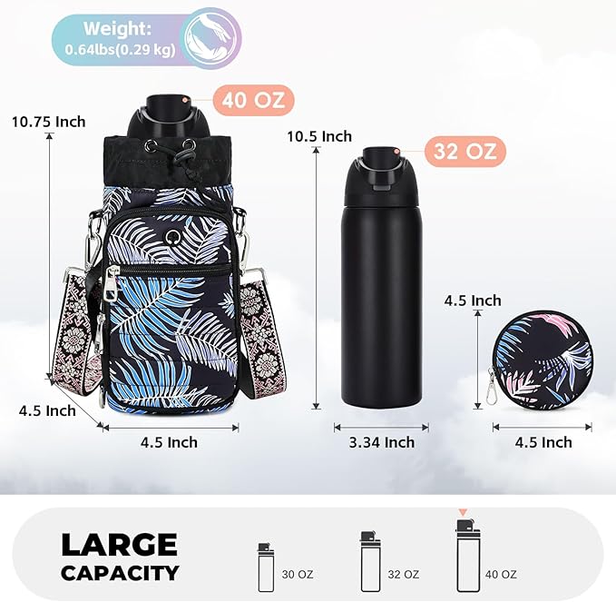 Water Bottle Carrier Bag with Strap, Sling Bag for Walking, Hiking, Cycling, Black, 40 Ounces