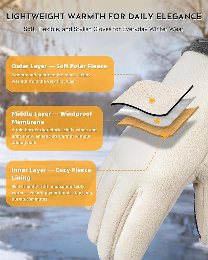 Winter Warm Gloves for Women - Fashion Style Windproof Cuffs Soft fleece - Touchscreen Thermal Flexible Gloves