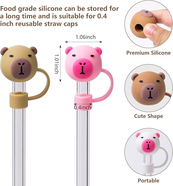 8 silicone straw lids and mug covers for Stanley Cup 30-40 oz. with handle straw cups, 10mm straw lids, dust-proof reusable straw cup lid accessories (4 colors, bear pattern design)
