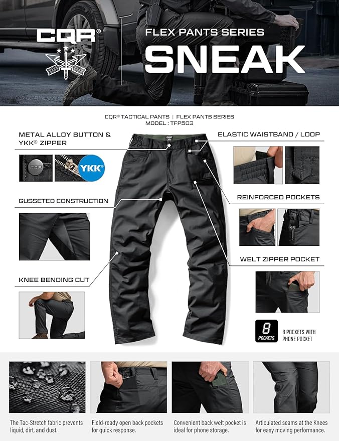 CQR Men's Flex Stretch Tactical Pants, Water Resistant Ripstop Cargo Pants, Lightweight EDC Outdoor Work Hiking Pants