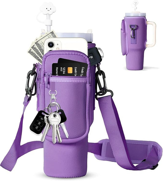 dabria Water Bottle Carrier Bag with Phone Pocket for Stanley 40/30 oz Tumbler Neoprene Water Bottle Holder Pouch with Adjustable Strap Bollus with Straw Cover & Carabiner for Stanley Cup Accessories