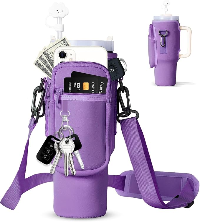 dabria Water Bottle Carrier Bag with Phone Pocket for Stanley 40/30 oz Tumbler Neoprene Water Bottle Holder Pouch with Adjustable Strap Bollus with Straw Cover & Carabiner for Stanley Cup Accessories