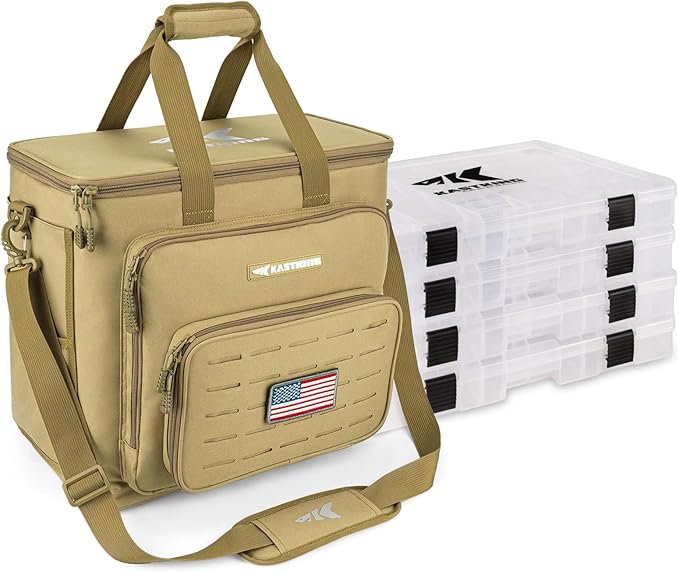 KastKing Karryall Fishing Tackle Bags with 4 * 3700 Tackle Trays, Fishing Bags for Saltwater or Freshwater Fishing - Fishing Gear Storage, Khaki