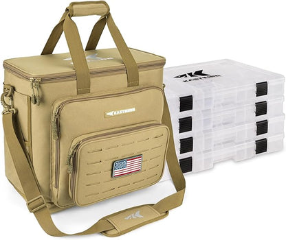 KastKing Karryall Fishing Tackle Bags with 4 * 3700 Tackle Trays, Fishing Bags for Saltwater or Freshwater Fishing - Fishing Gear Storage, Khaki