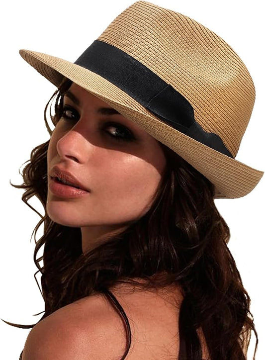 DRESHOW Women Straw Sun Hat Short Brim Panama Travel Fedora Beach Cap Roll up Summer Hat for Women Men UPF 50+