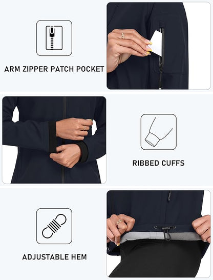 MoFiz Women's Fleece Lined Softshell Jacket Hooded Windproof Lightweight Insulated Jacket Full Zip Warm Coat