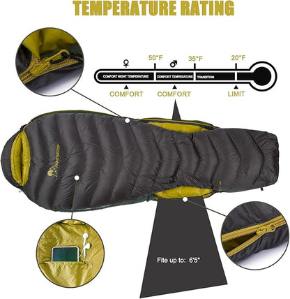 Mountaintop Ultralight Mummy Down Sleeping Bag 650 Fill Power Duck Down Suits for 32 Degree F for Camping Hiking Backpacking