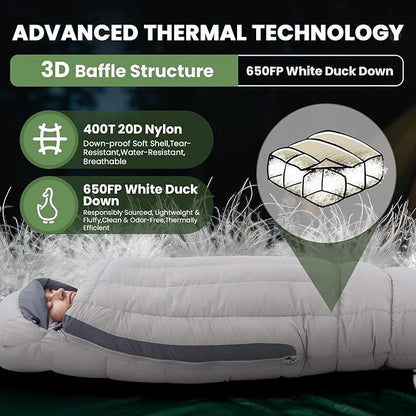 -10°F 0°F 10°F 15°F Down Sleeping Bag for Adults,800/650 Fill Power,Ultralight Wearable 4 Season Cold Weather Rectangle Sleeping Bag for Camping Hiking,Can be Used as a Down Blanket or Cloak