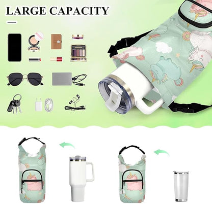 Cartoon Unicorn Pink Sage Green Water Bottle Holder with Strap Insulated Water Bottle Carrier Crossbody Bags Pouch with Phone Pocket for Travel Gym Hiking Walking Running